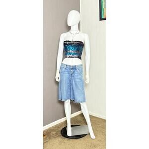 1970’s Vintage Sequined Tube Top Turquoise Black Chrome Stripes Carrie Top